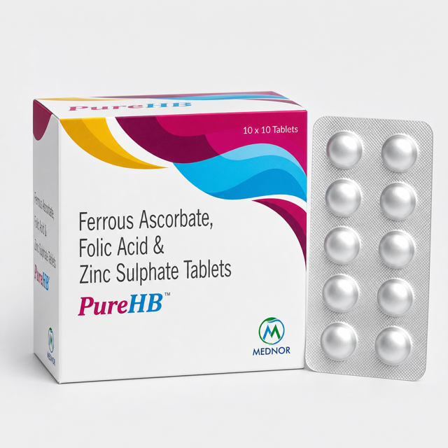 PureHB Ferrous Ascorbate Folic Acid and Zinc Sulphate tablets MEDNOR pack