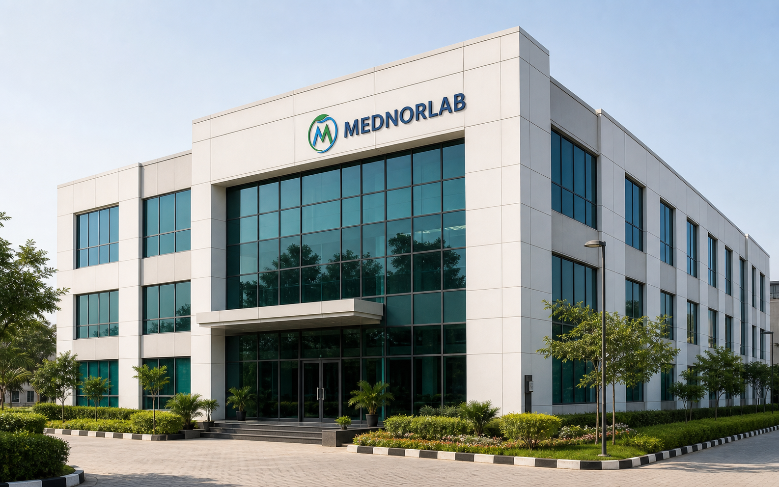 Photorealistic illustration of a modern MEDNORLAB-labelled pharmaceutical facility